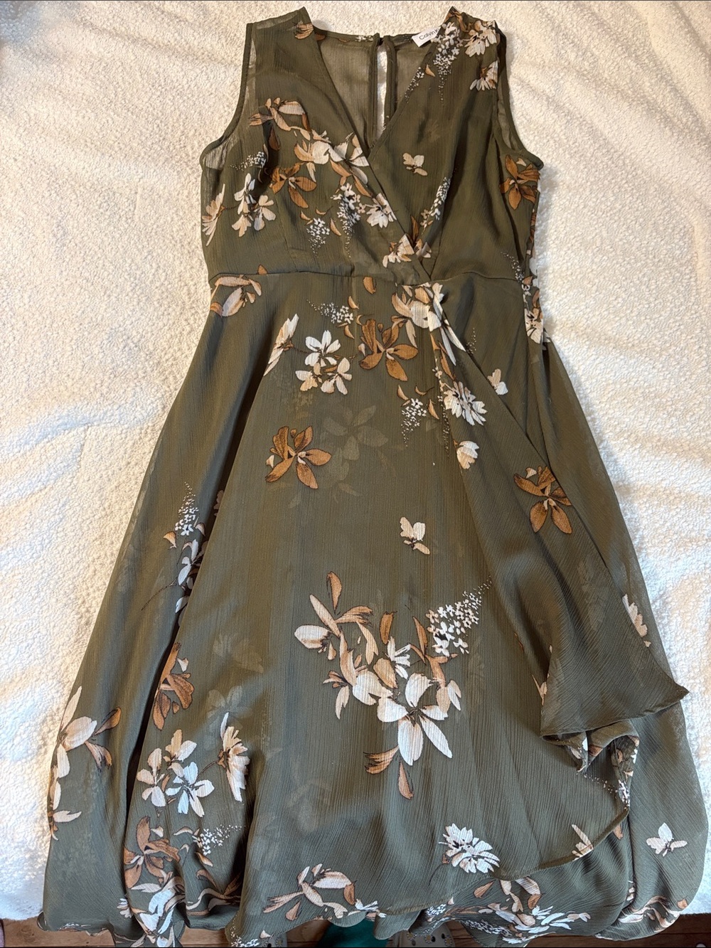 Calvin Klein Olive Green Floral Wrap Midi Dress